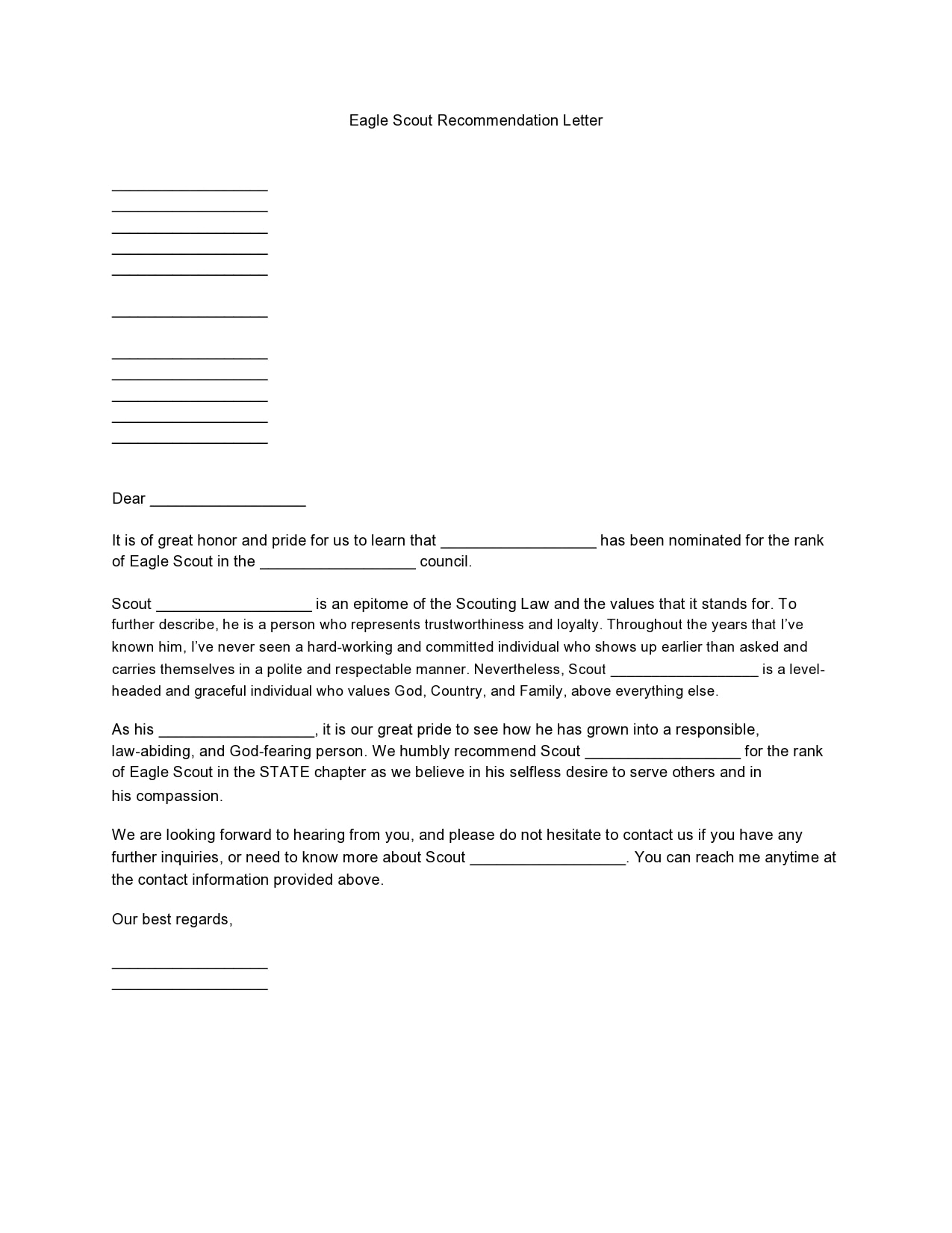 Letter Of Recommendation For Eagle Scout Template