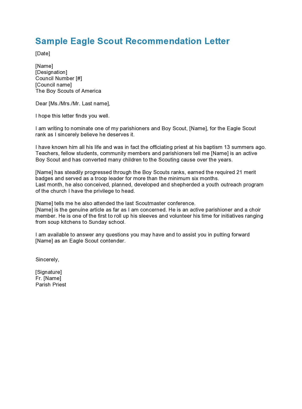 Eagle Scout Recommendation Letter Template