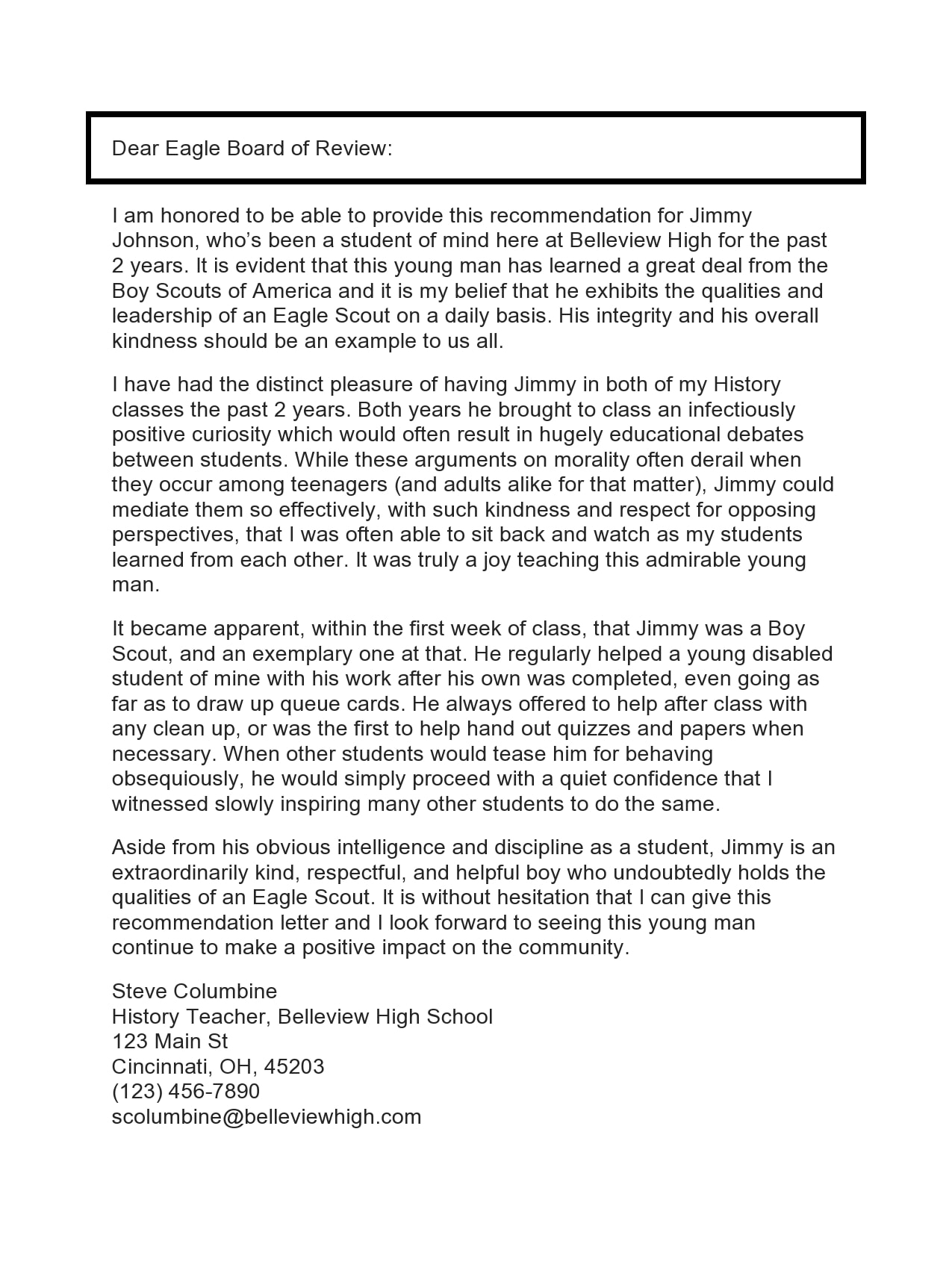 Eagle Scout Recommendation Letter Template