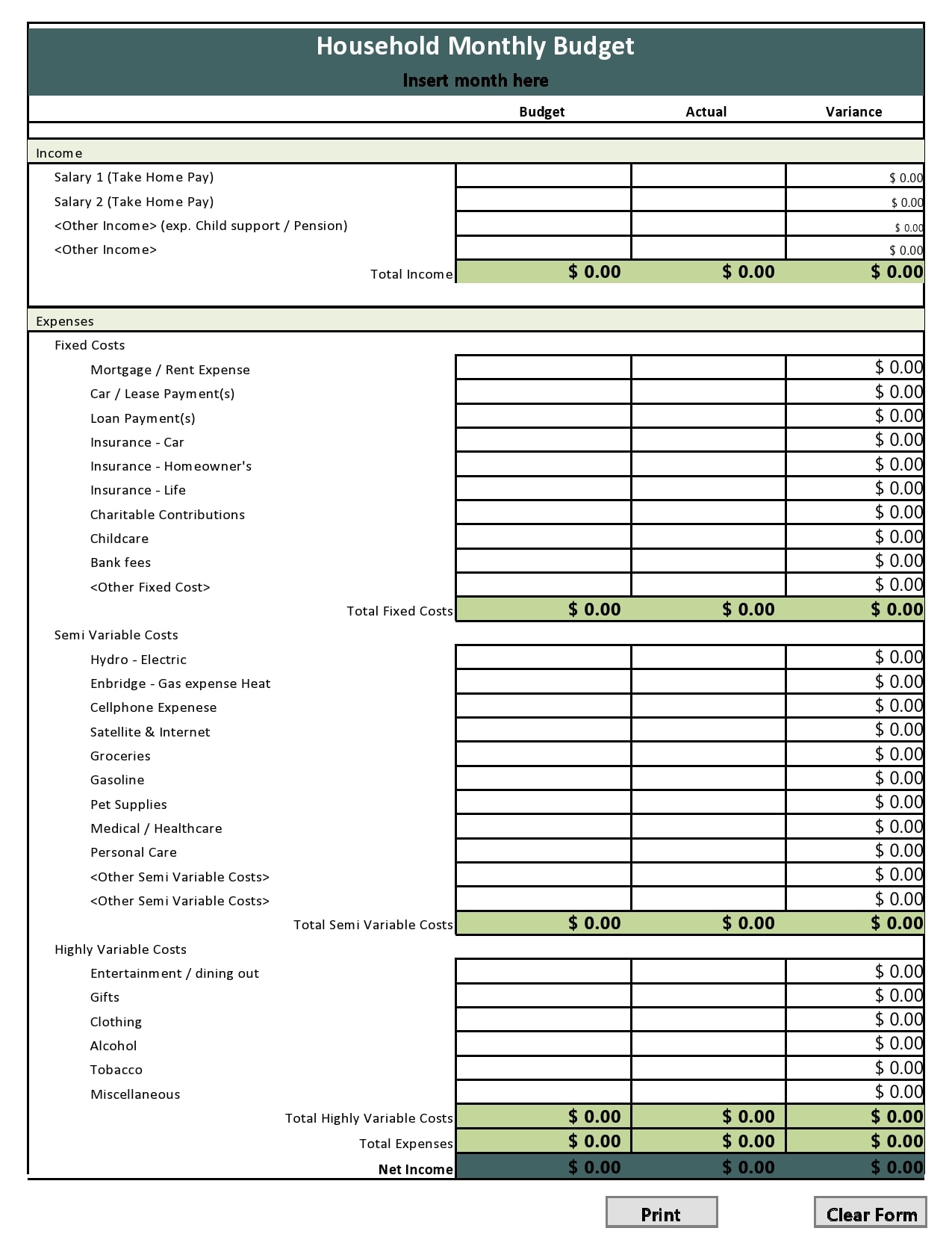 household monthly budget example