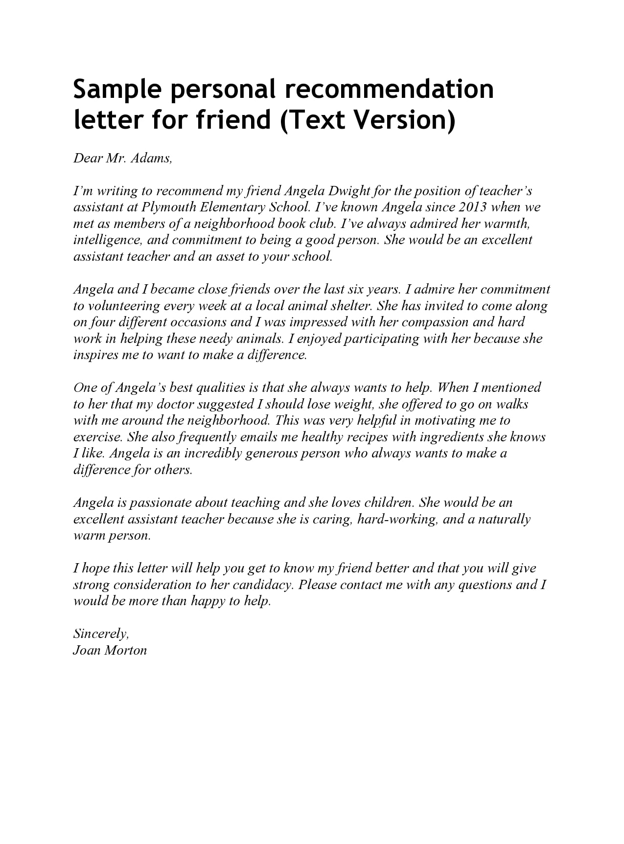 Letter Of Recommendation For A Friend Template