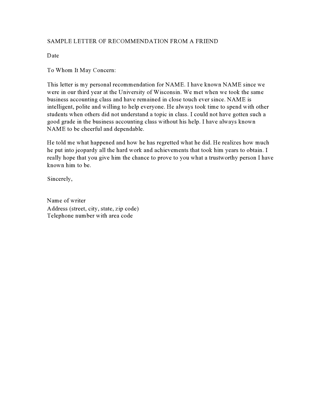 Template Recommendation Letter For A Friend