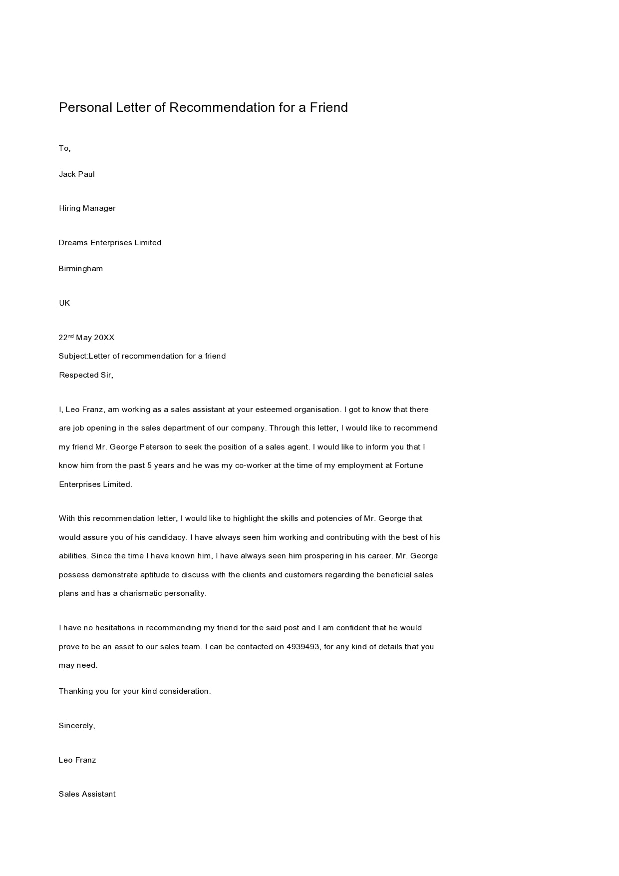 Letter Of Recommendation For A Friend Template