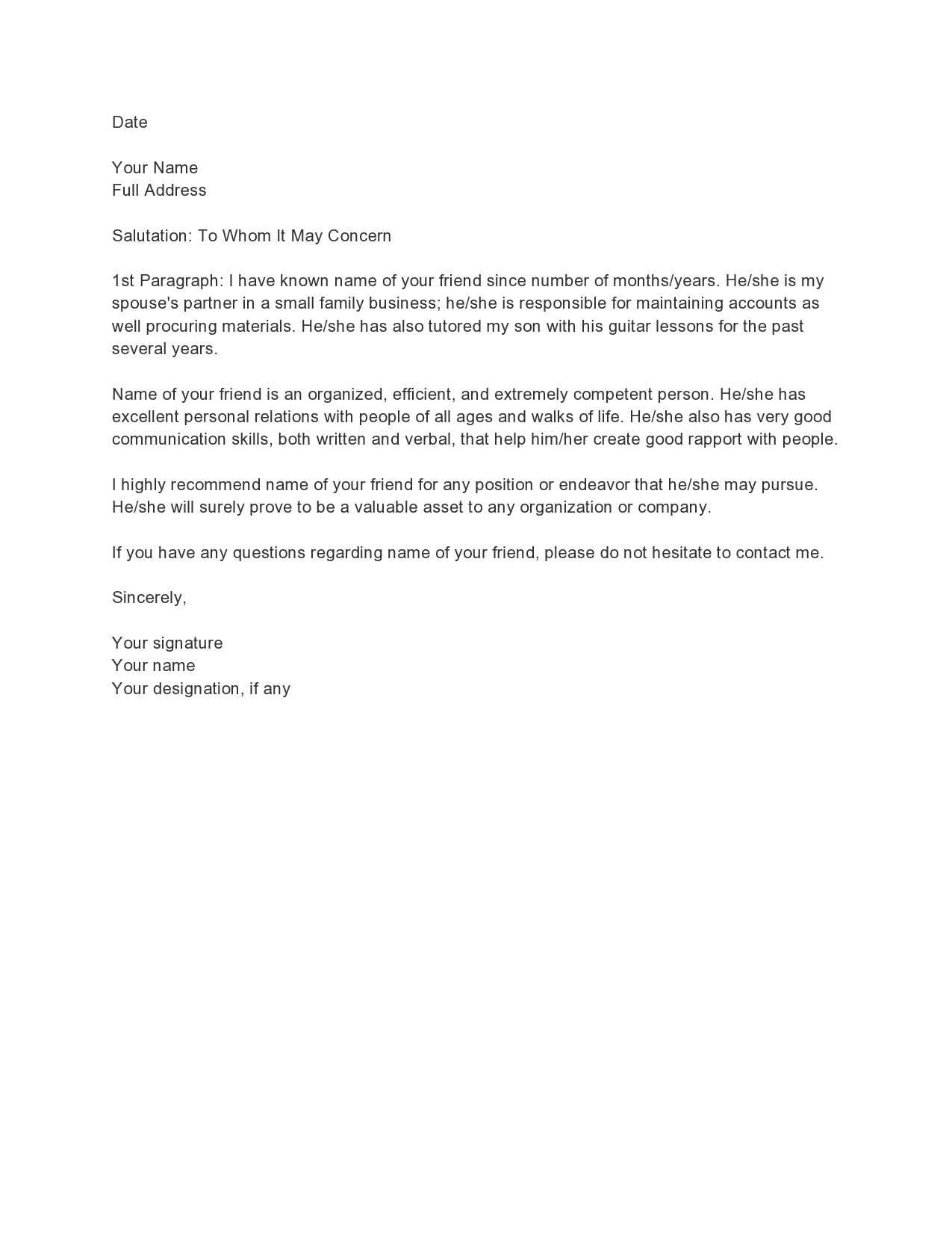 Personal Recommendation Letter Samples For A Friend from templatearchive.com