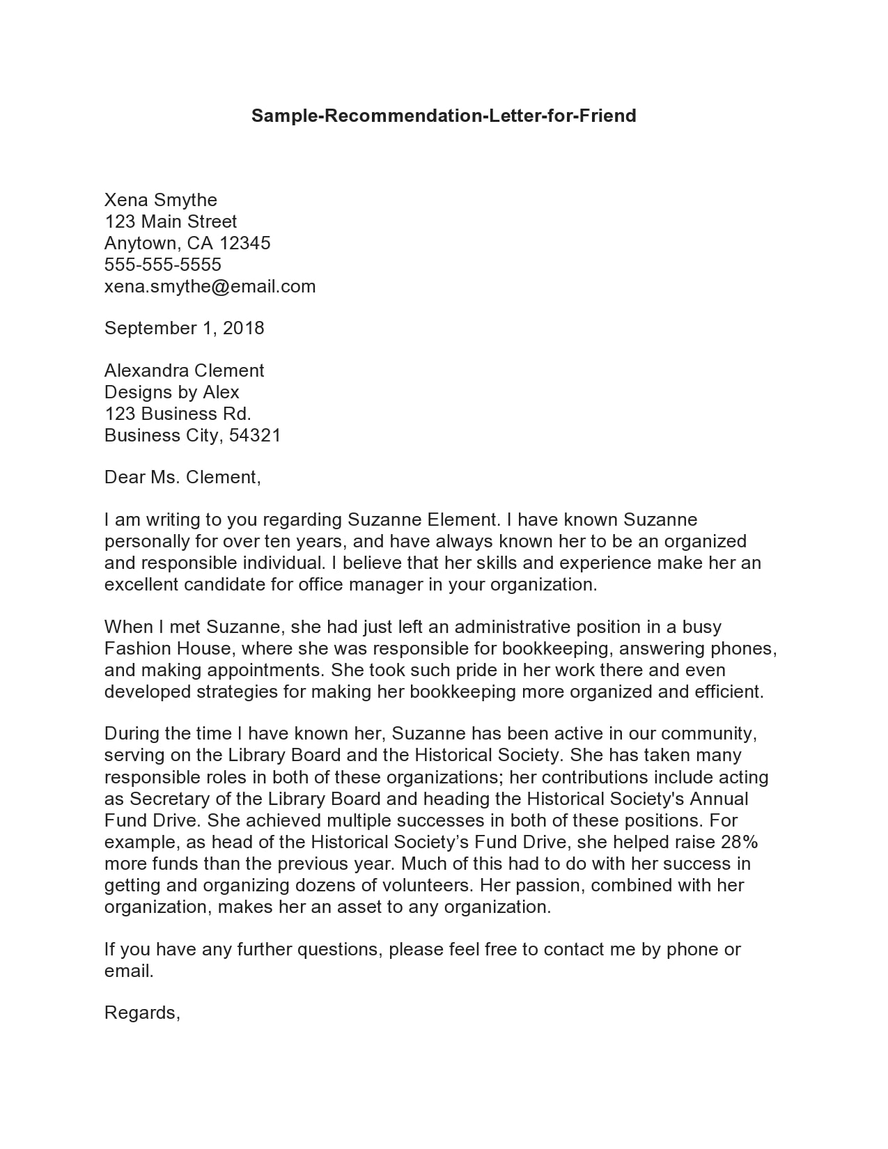 Letter Of Recommendation For A Friend Template