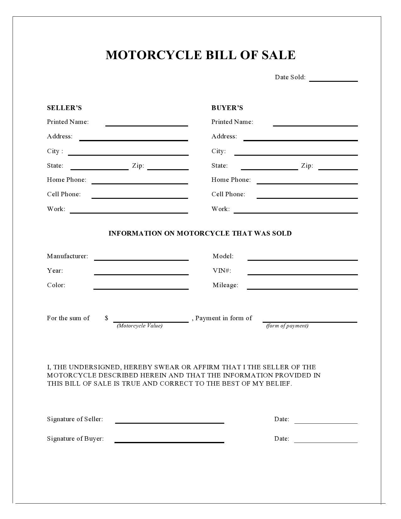 29 Printable Motorcycle Bill Of Sale Forms Free Templatearchive Generic motorcycle bill of sale