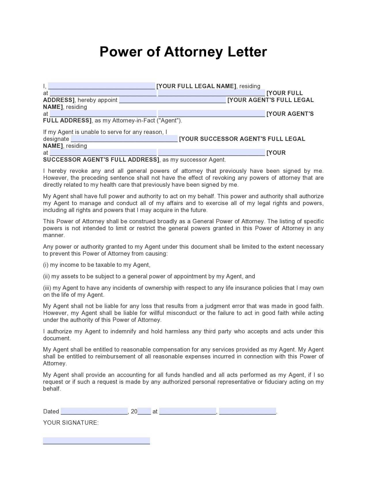 Free Template For Power Of Attorney Letter