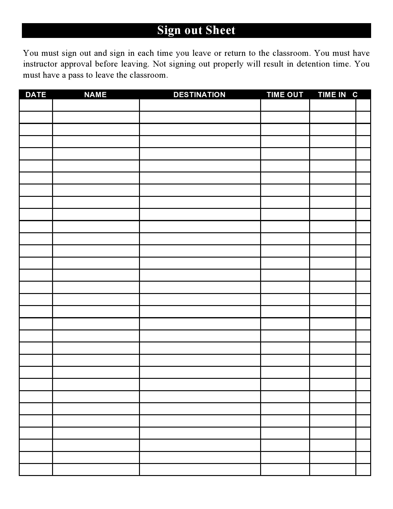 Sign In And Out Sheet Printable
