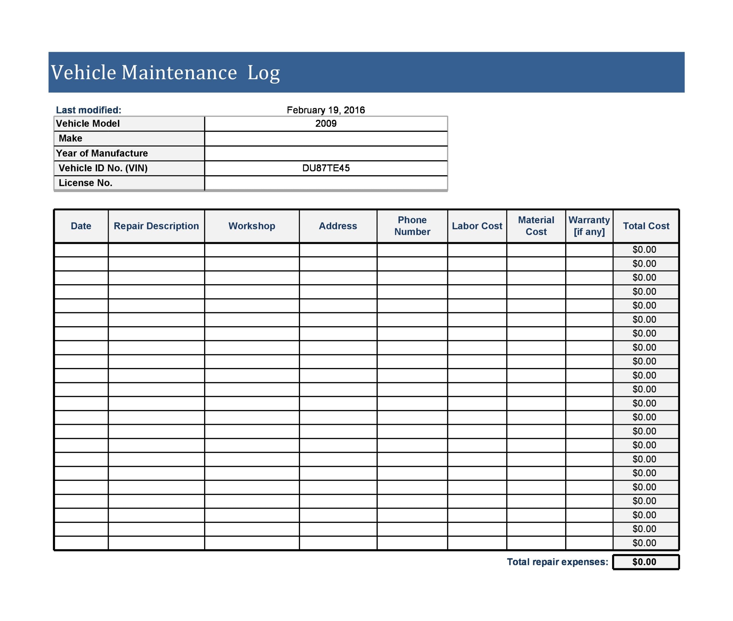 Free Printable Vehicle Maintenance Log Sheet
