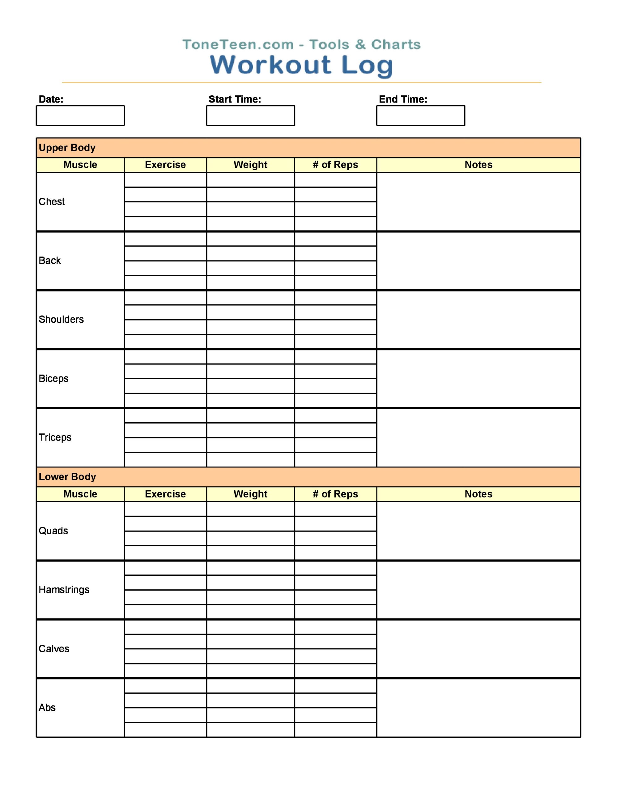 Excel Free Printable Workout Log Sheets Gambaran