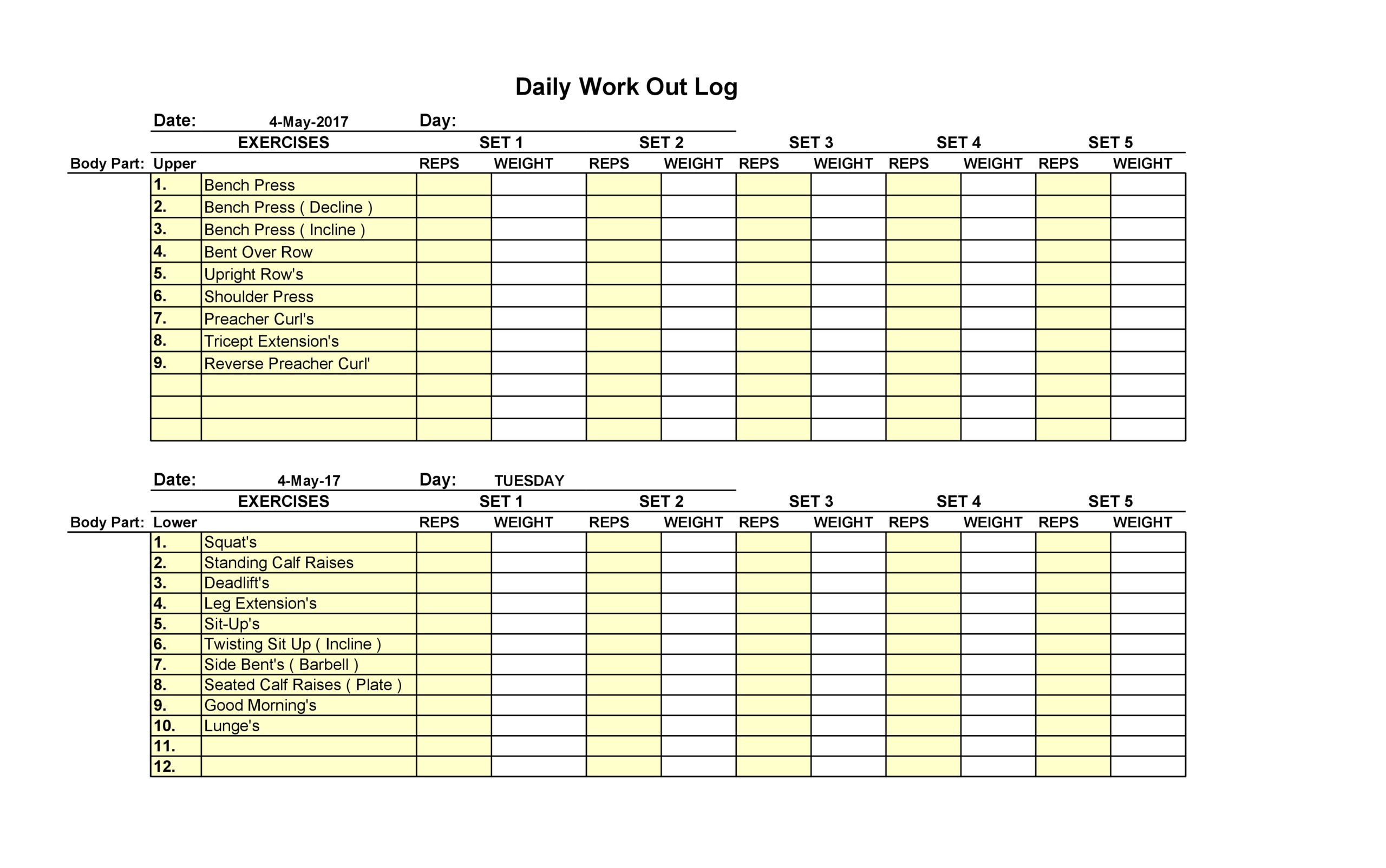 excel weight lifting tracker