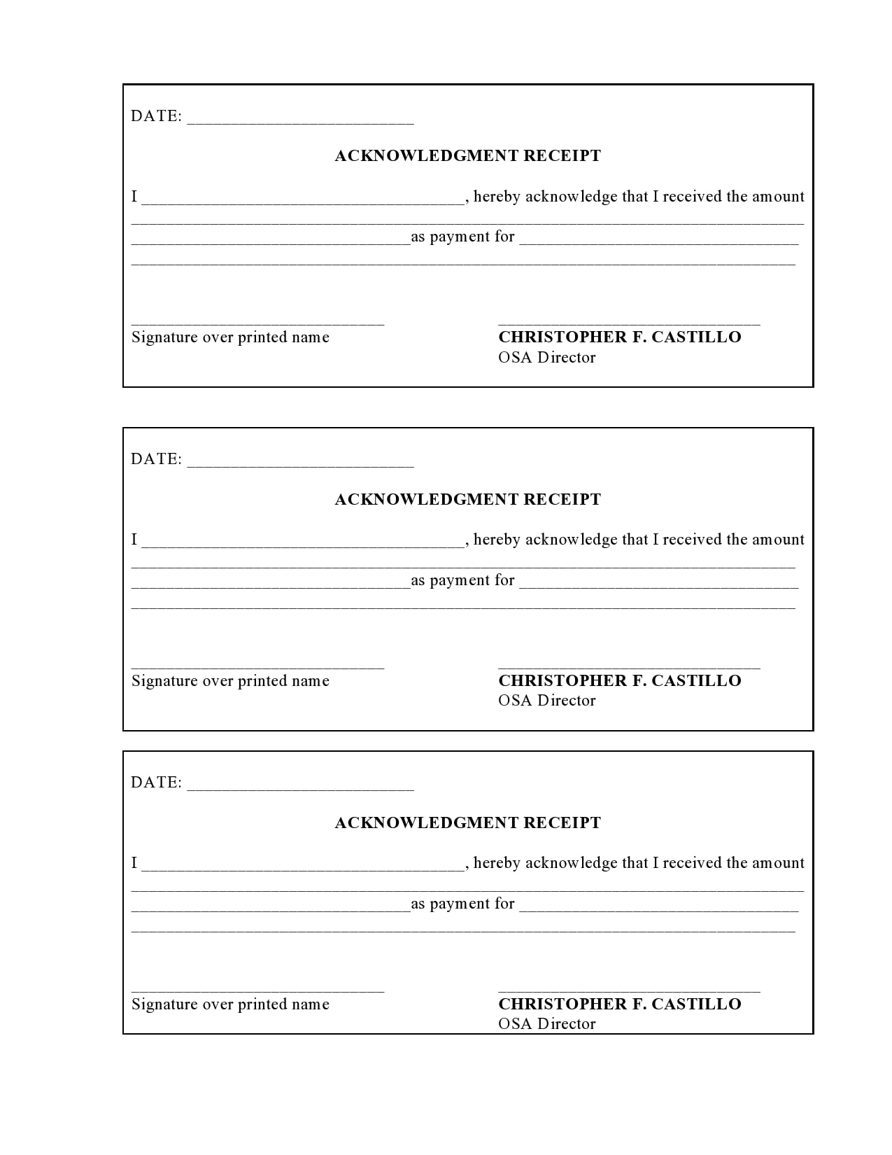 Printable Key Receipt Acknowledgement Form
