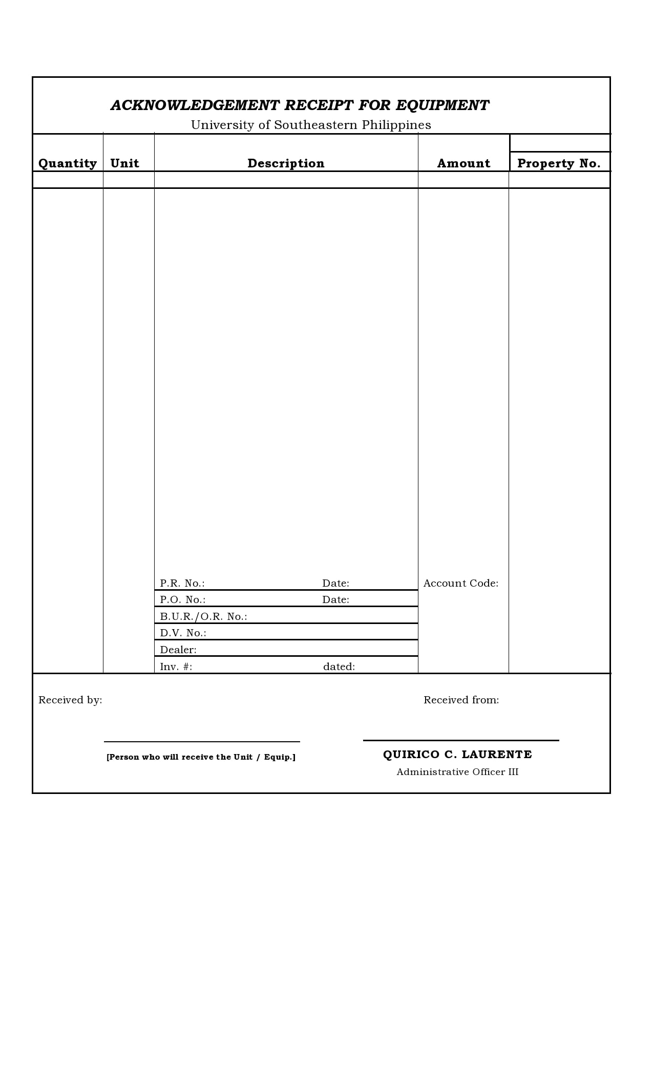 Acknowledgement Of Documents Receipt Template