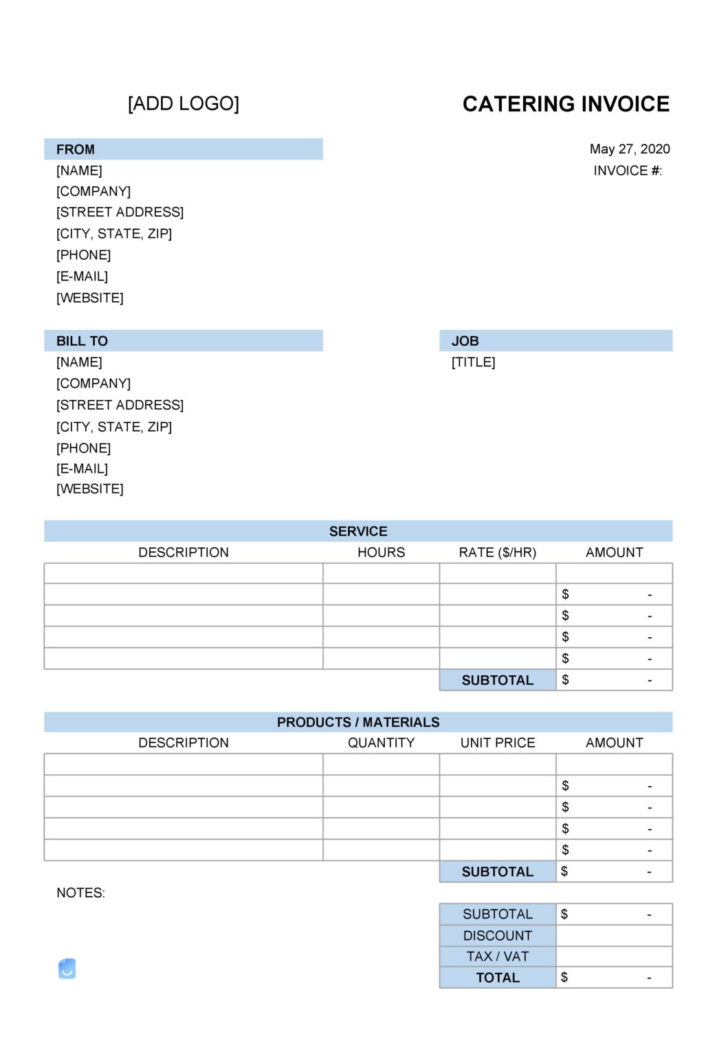 Catering Invoice Free Template