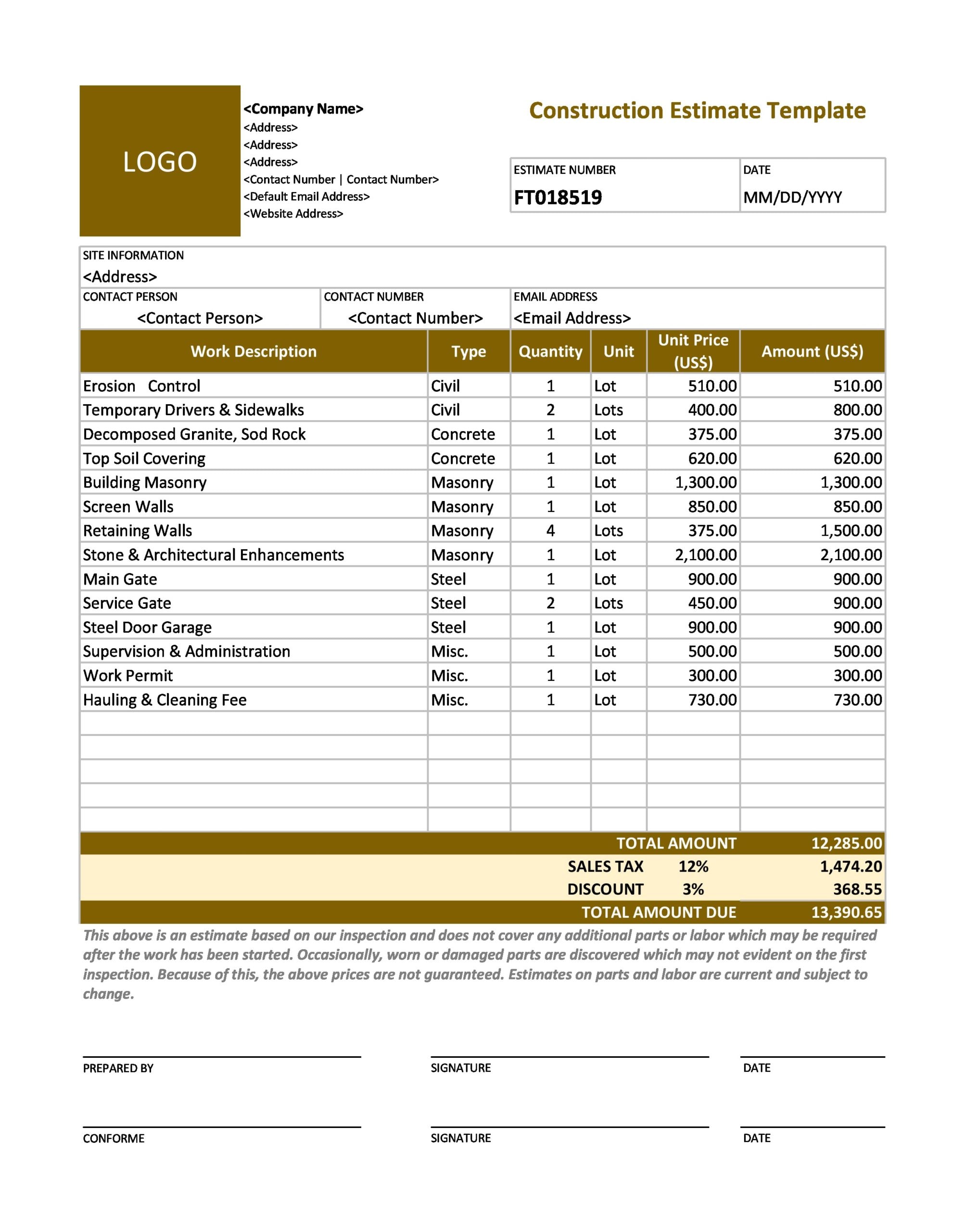 free excel construction templates