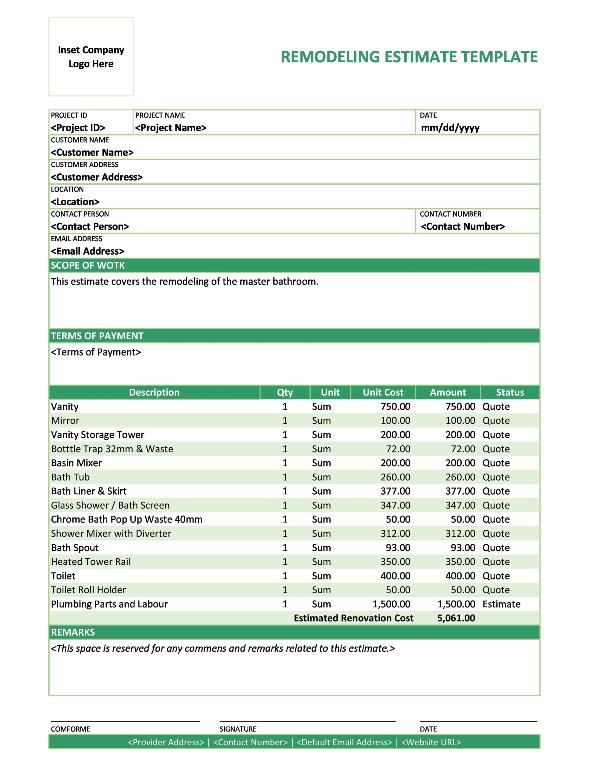 Printable Construction Estimate Template Customize and Print