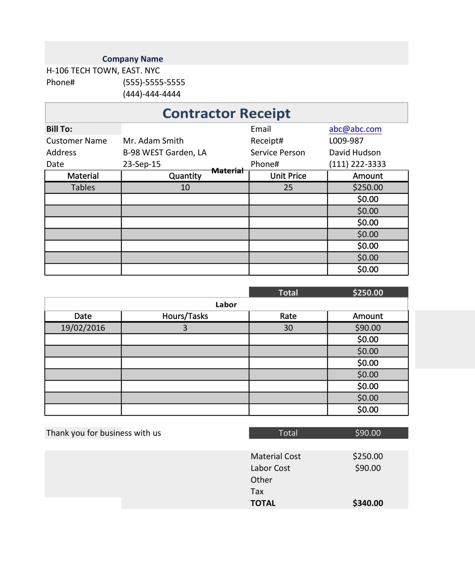 examples of invoices for contractors