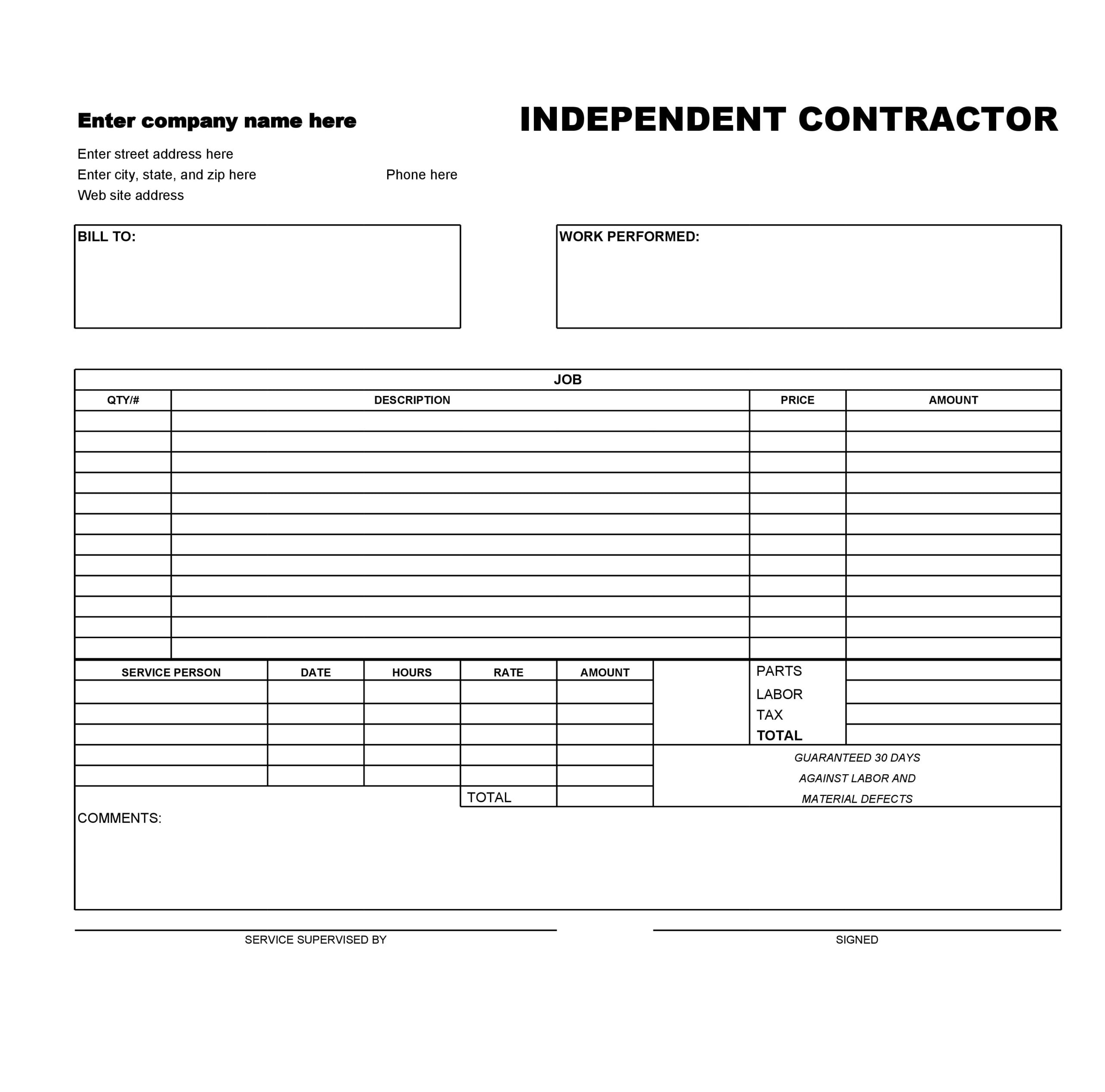 Printable Independent Contractor Invoice Template Printable Templates