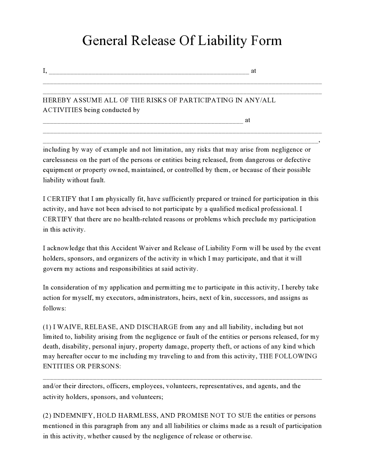 Free Printable Liability Waiver Form Printable Form Templates and Letter
