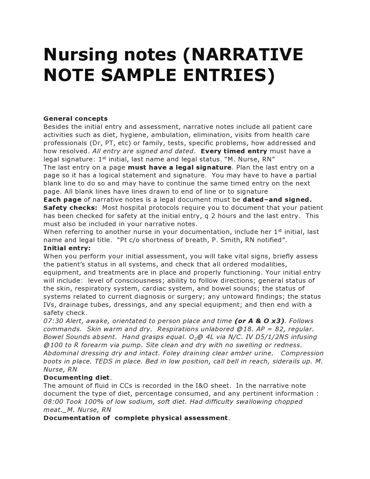 Charting Nursing Notes Example