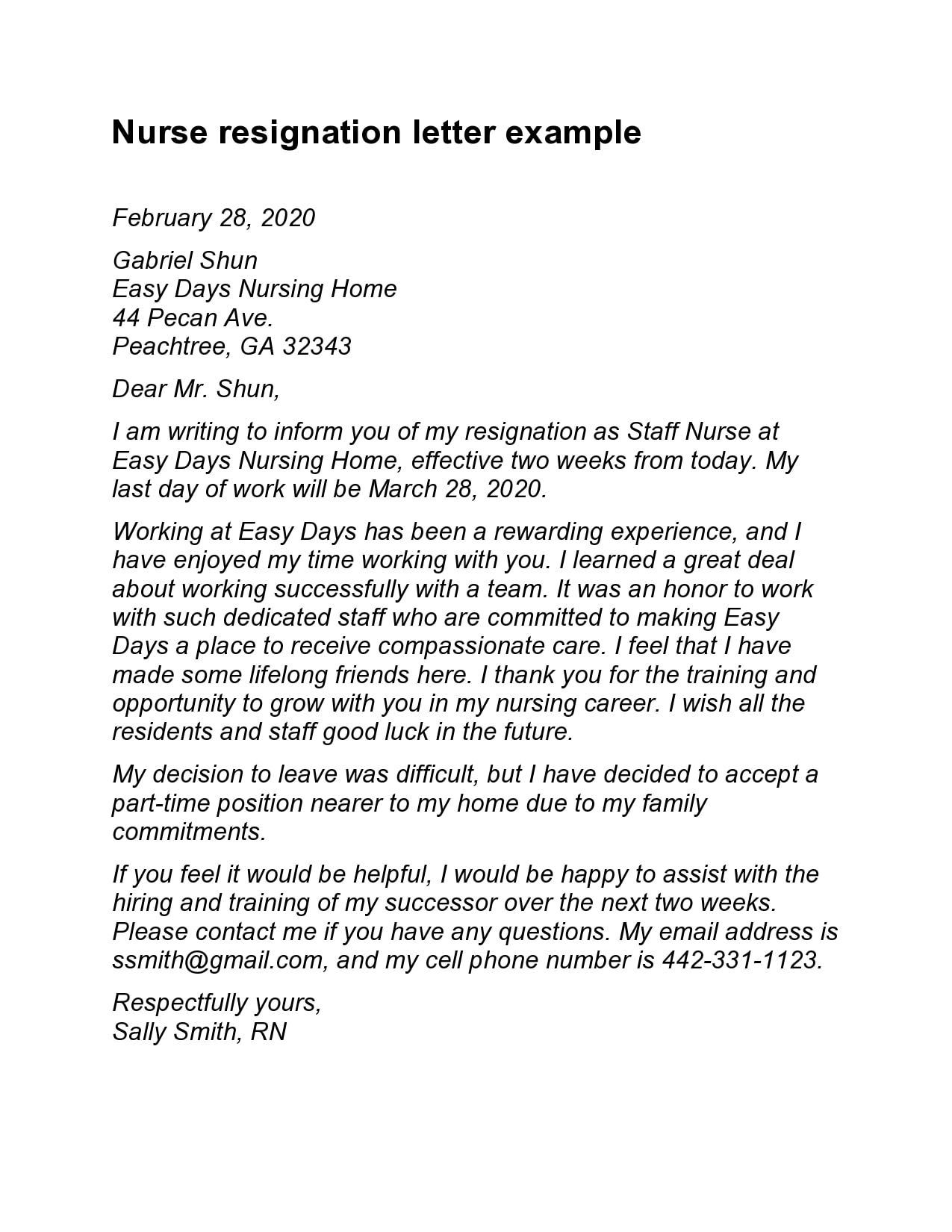 Letter Of Resignation Template Nursing