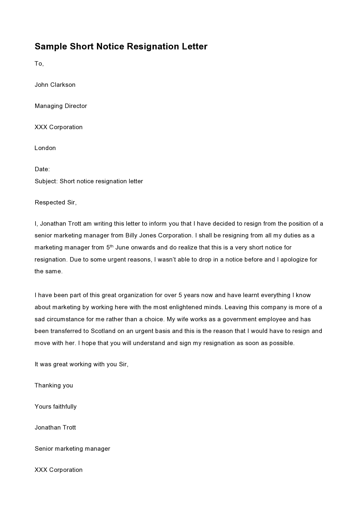 S/standard Resignation Letter Template Printable
