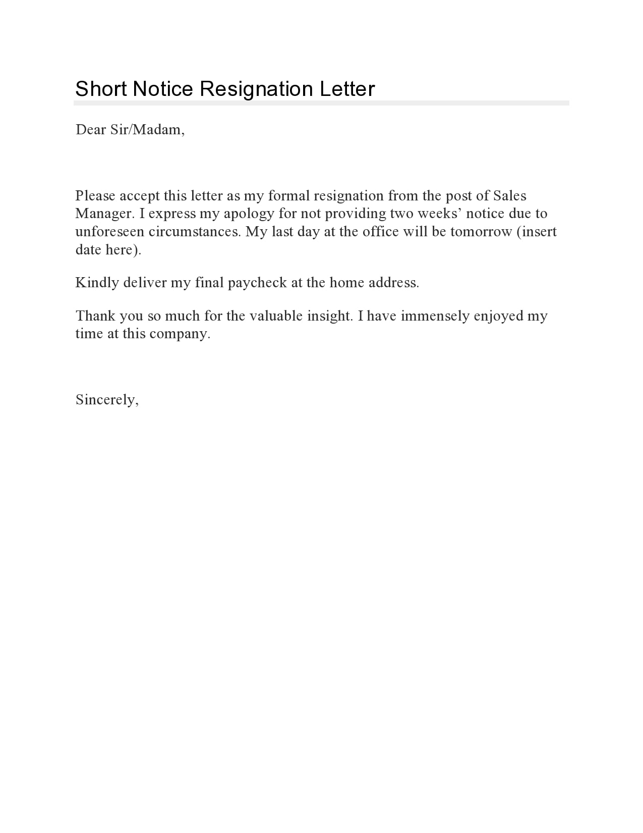 24+ Short Notice Resignation Letters (FREE) - TemplateArchive In Two Week Notice Template Word