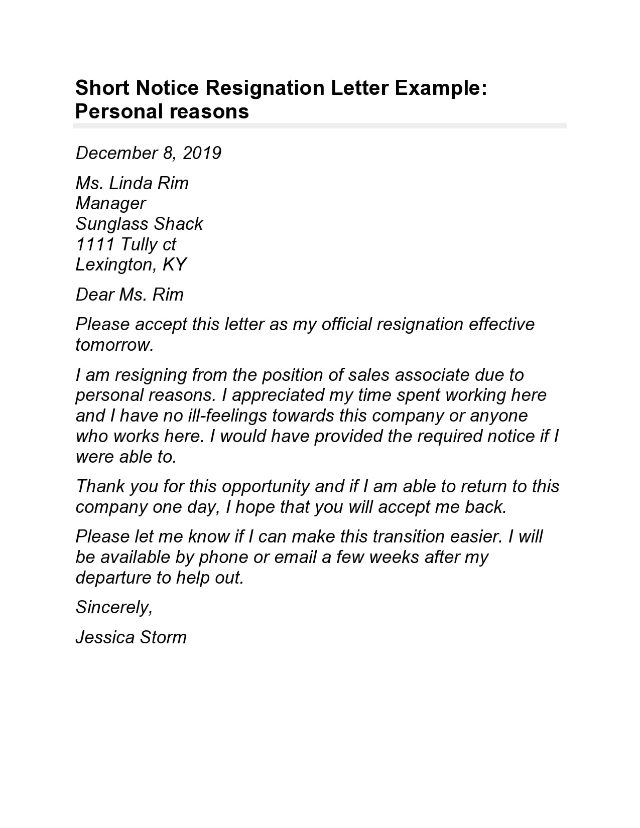 Short Notice Resignation Letter 18 
