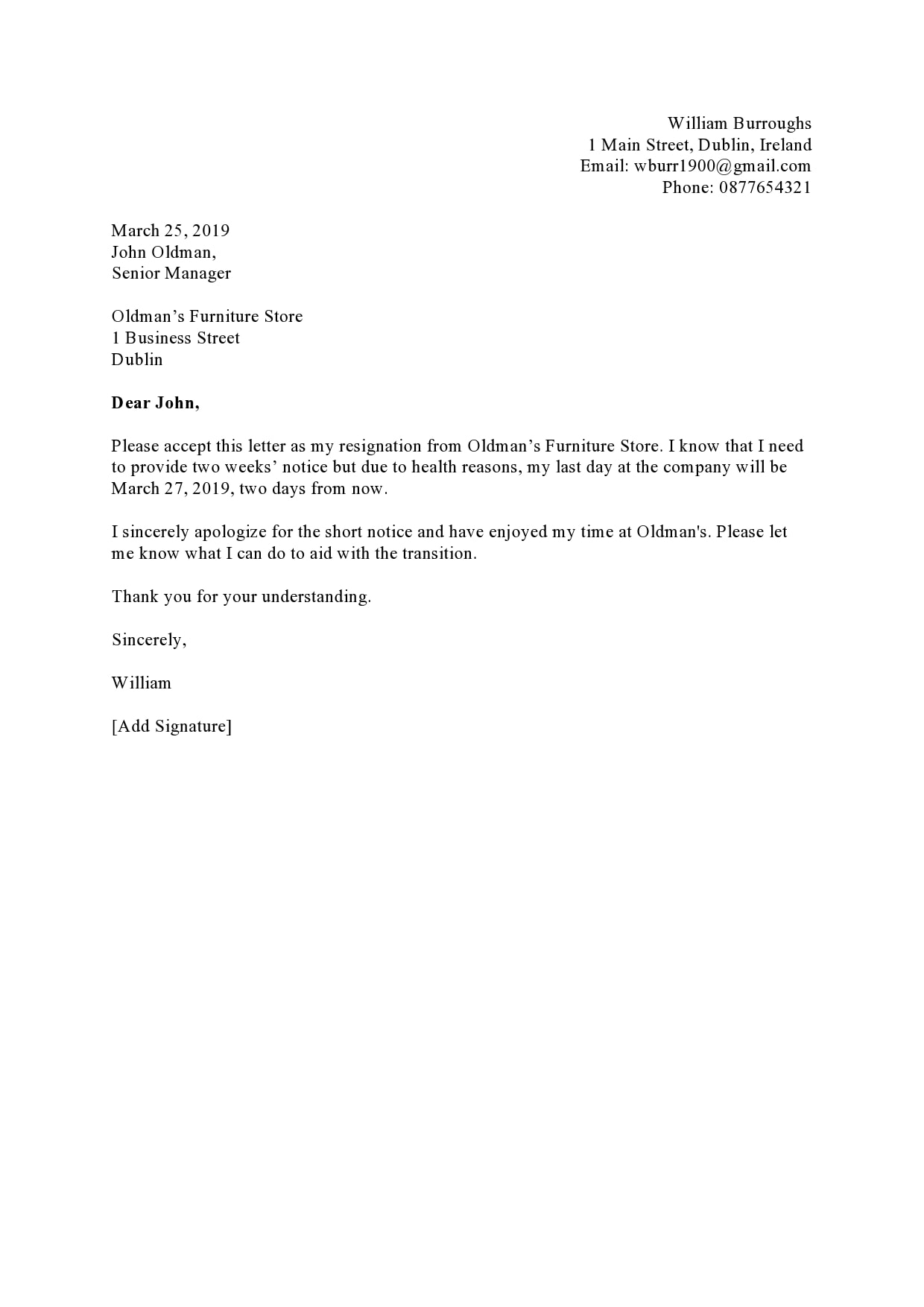 Short Notice Resignation Letter Template