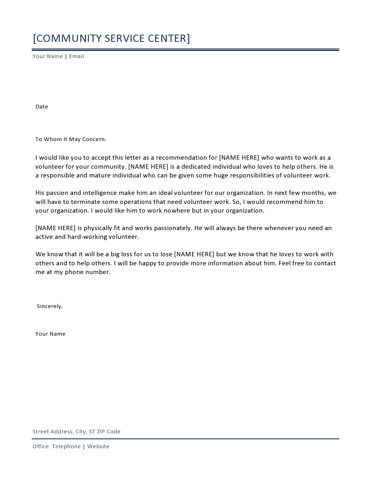 21 Professional Volunteer Recommendation Letters [Free] In Reference Letter Template For Volunteer