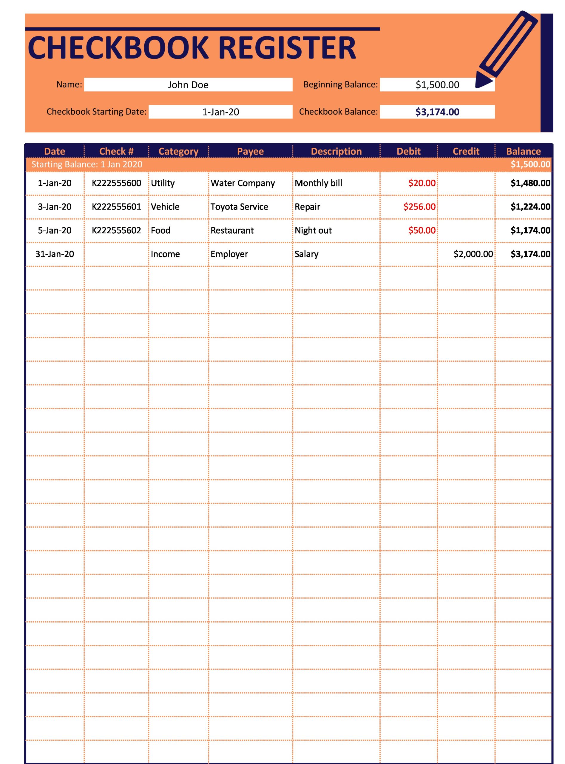 online printable checkbook register