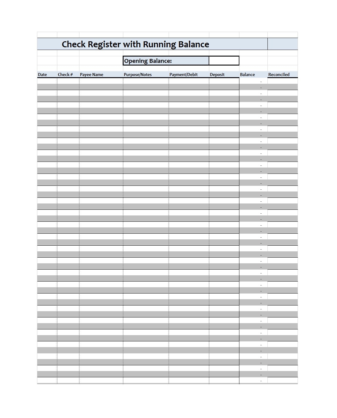 Free Printable Check Register With Running Balance Printable Templates