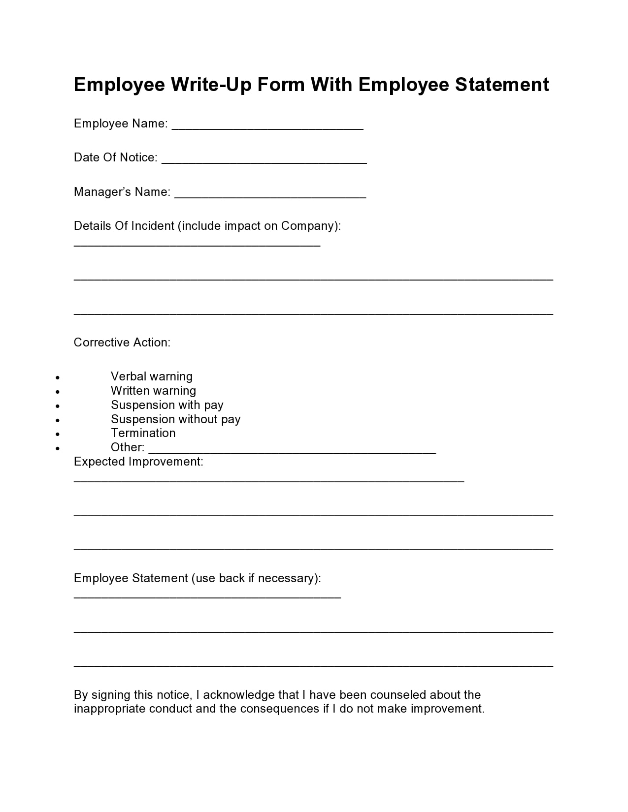 Printable Employee Write Up Form Printable Forms Free Online