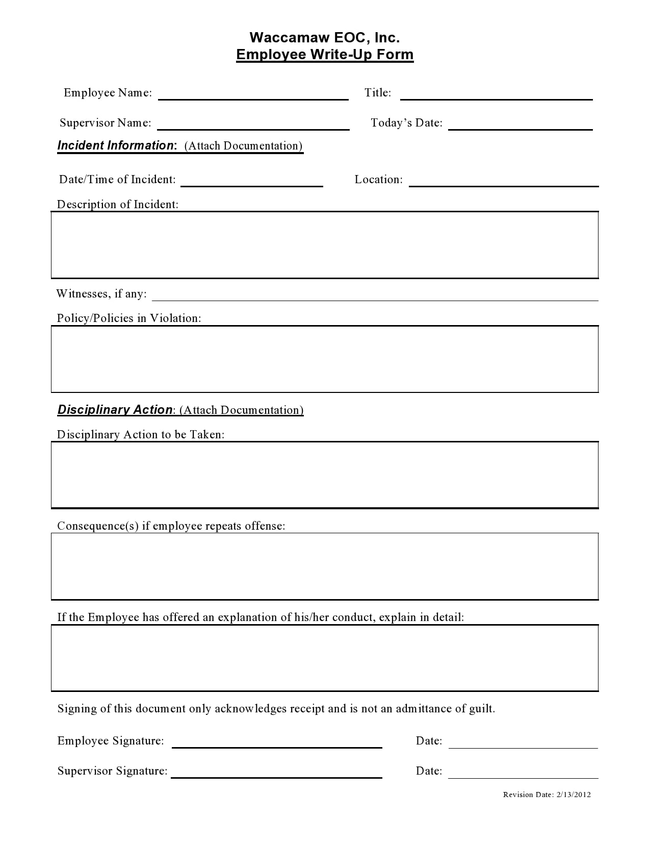 Free Printable Write Up Forms Employees