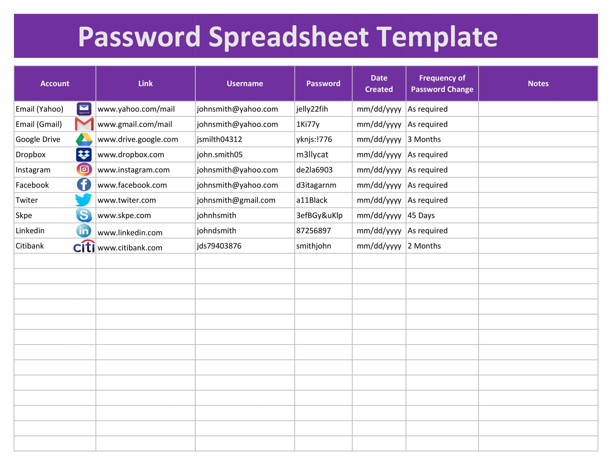 Password Log Sheet Printable
