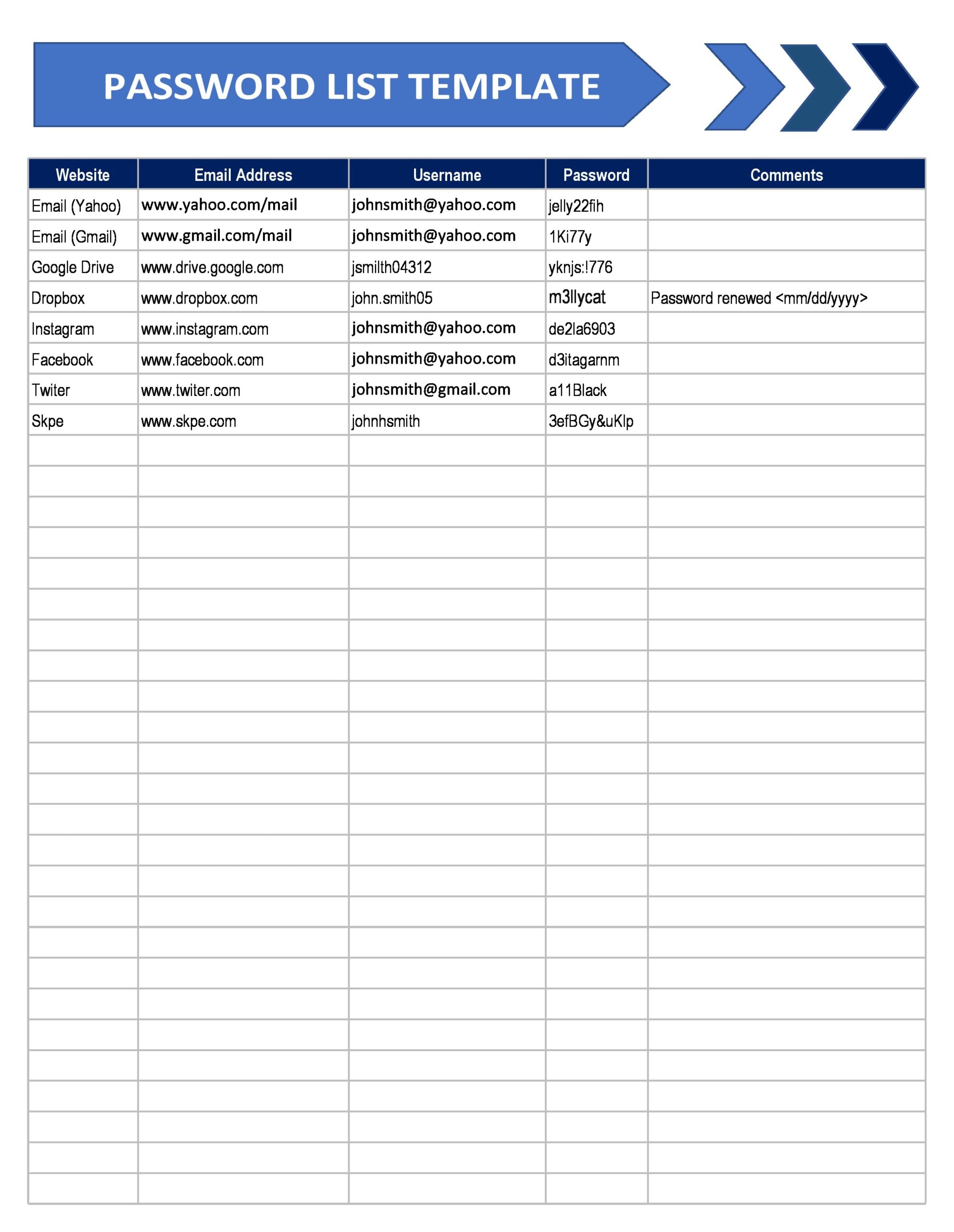 password list template excel on microsoft office