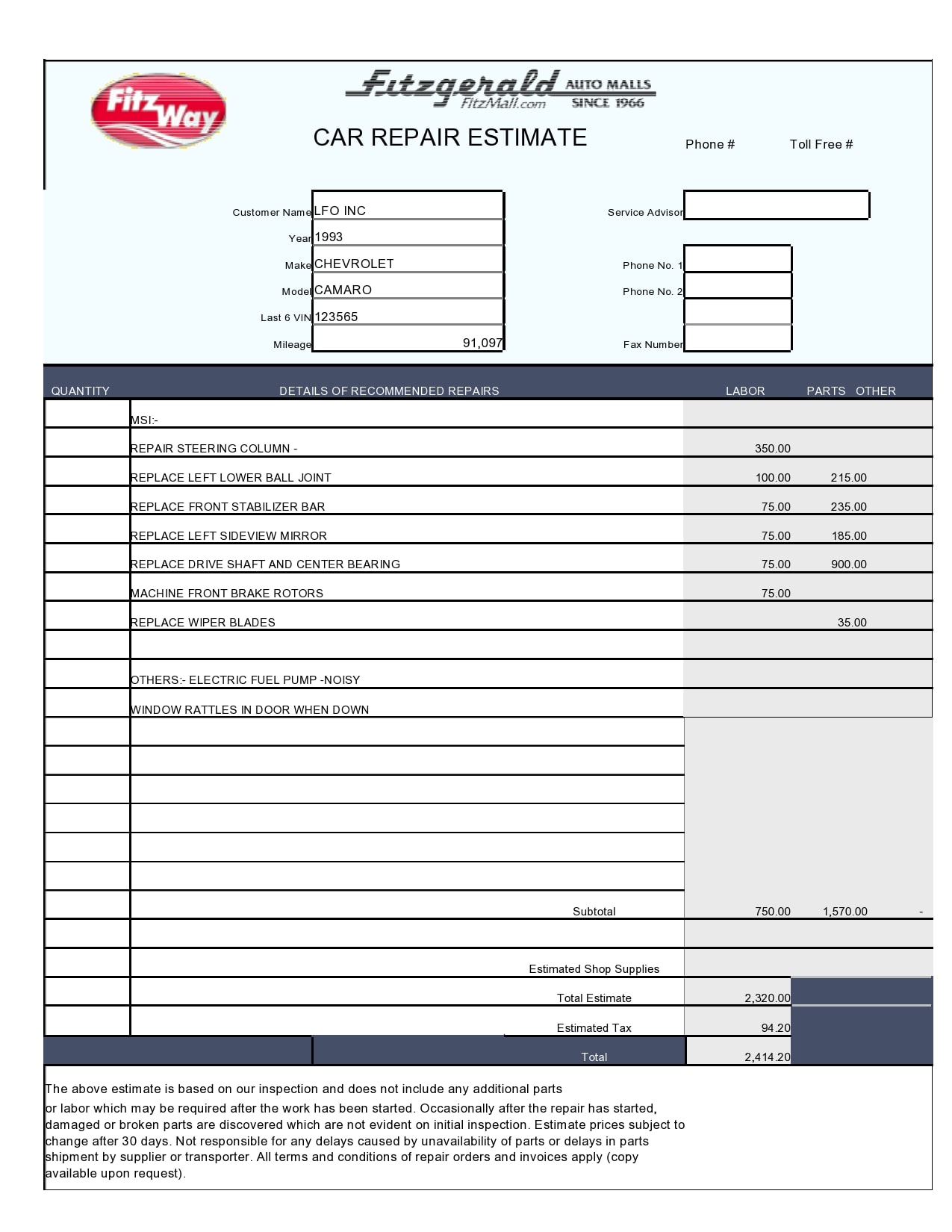30 Real & Fake Auto Repair Invoices [Free] TemplateArchive