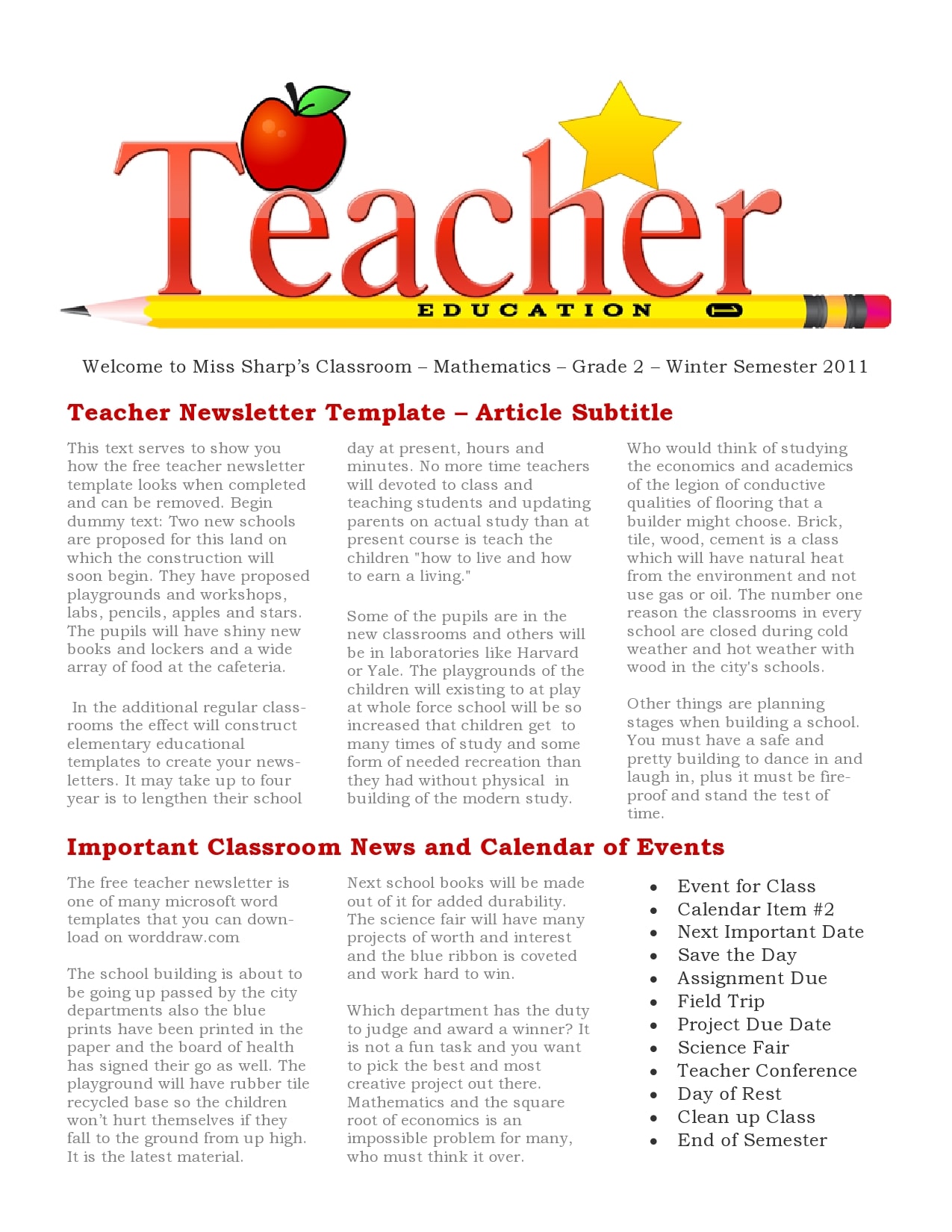 Teacher Newsletter Templates Free
