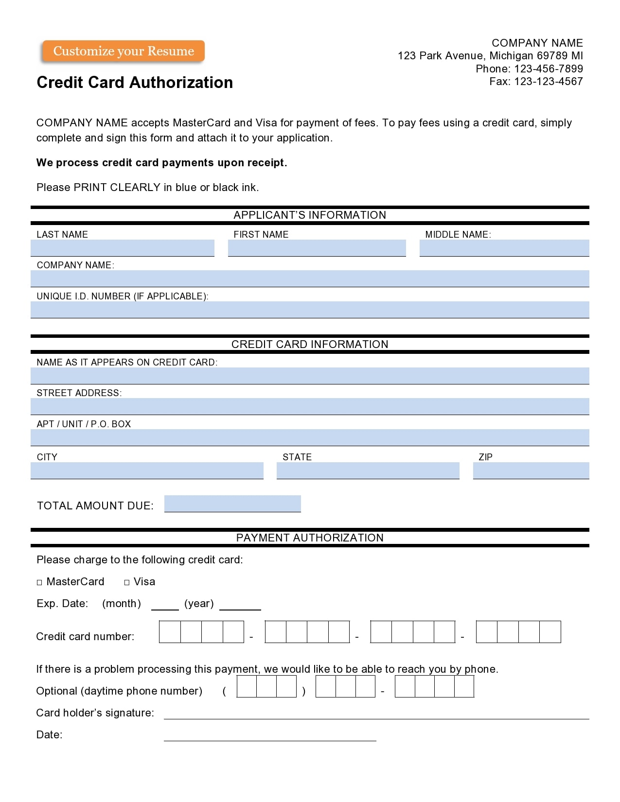 credit card authorization form template 27
