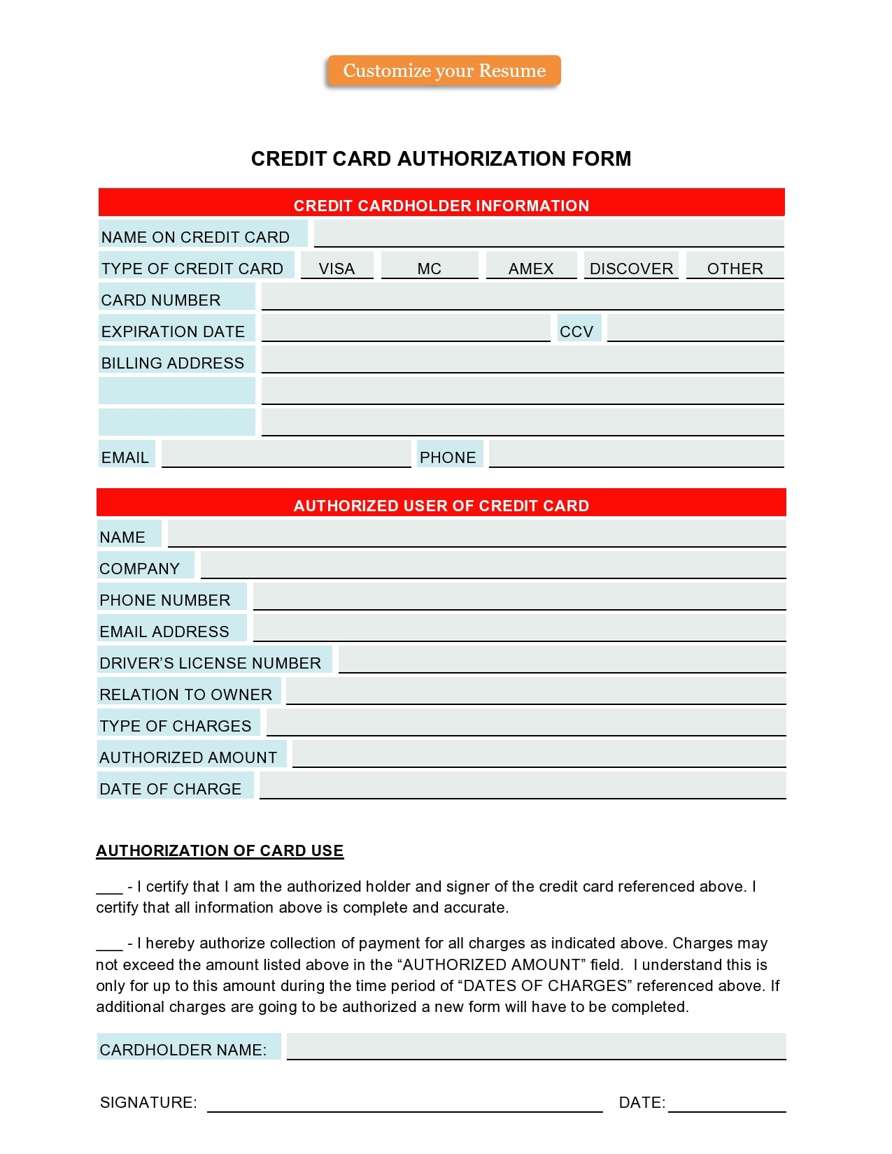 credit card authorization form template 28