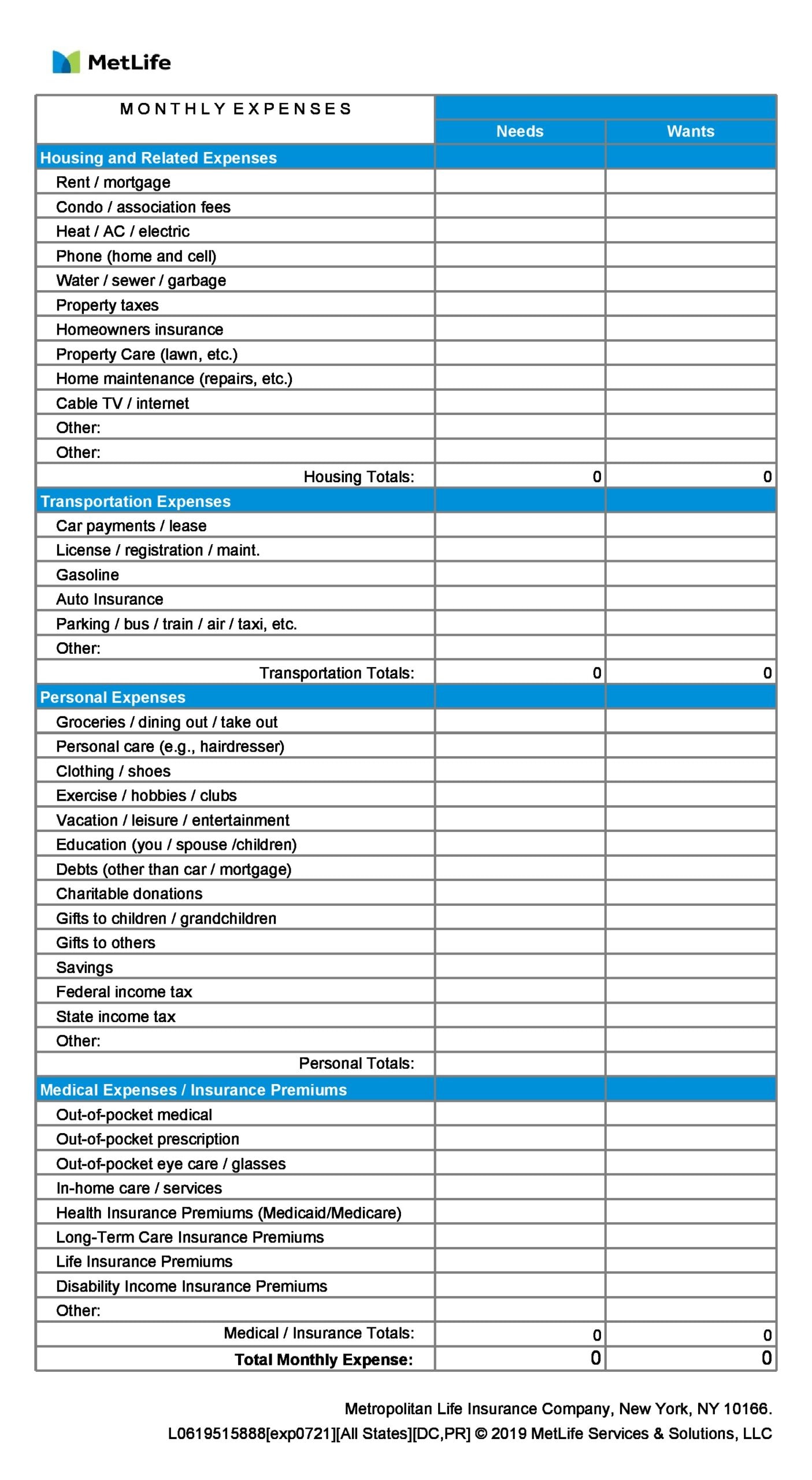 personal monthly expenses sheet