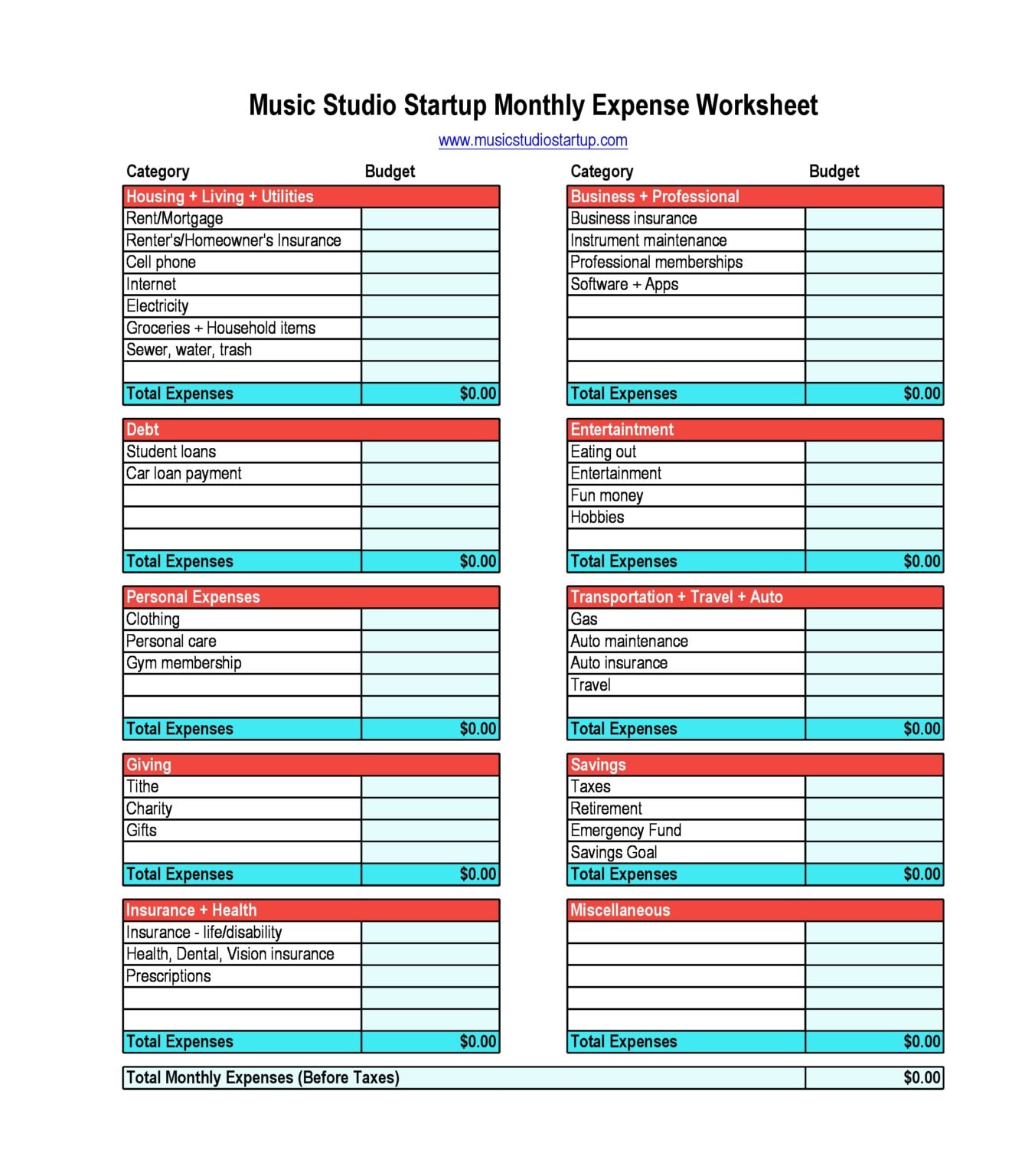 list of monthly expenses template