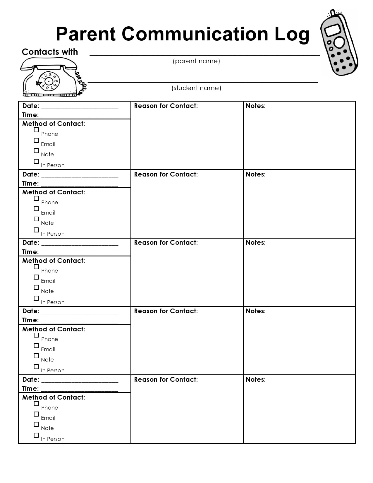 Parent Communication Log Sheet