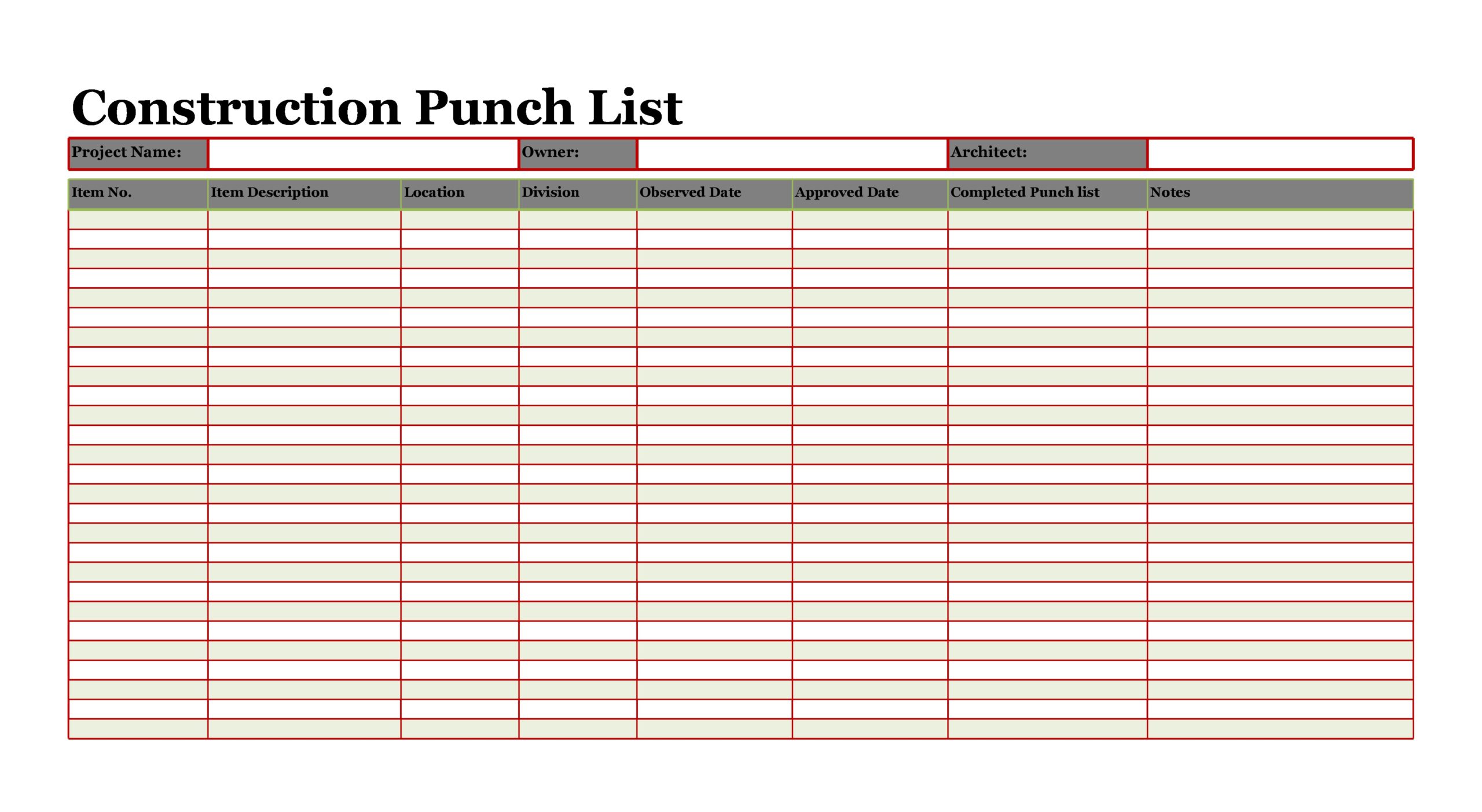Punch List Walk Through Template
