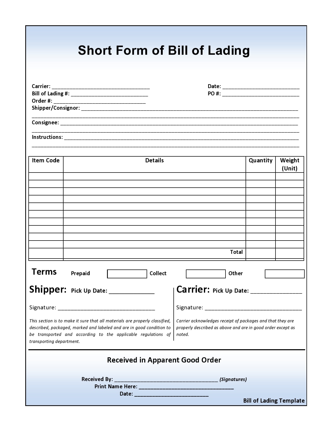 Printable Blank Bill Of Lading Form
