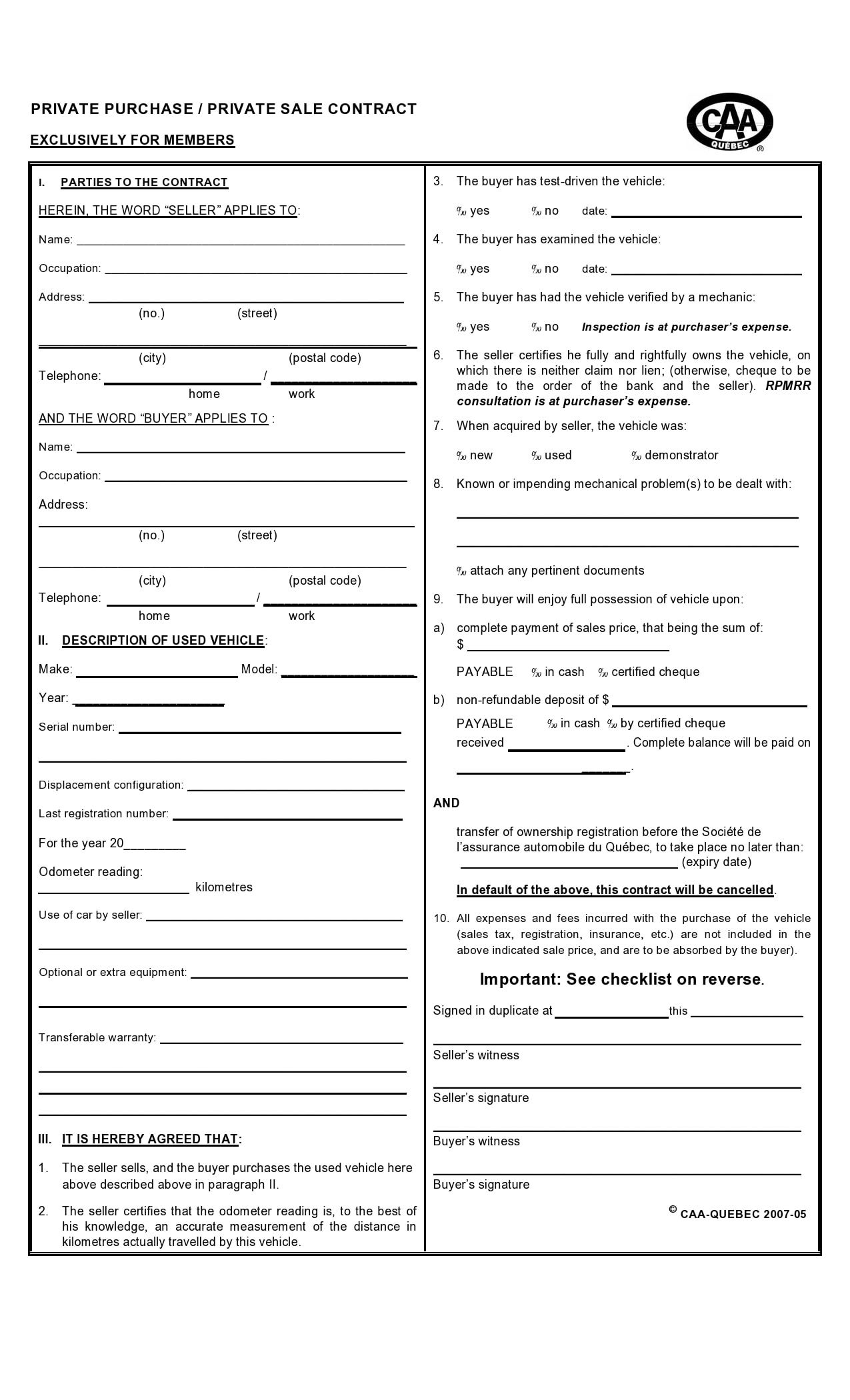 Printable Contract For Car Sale