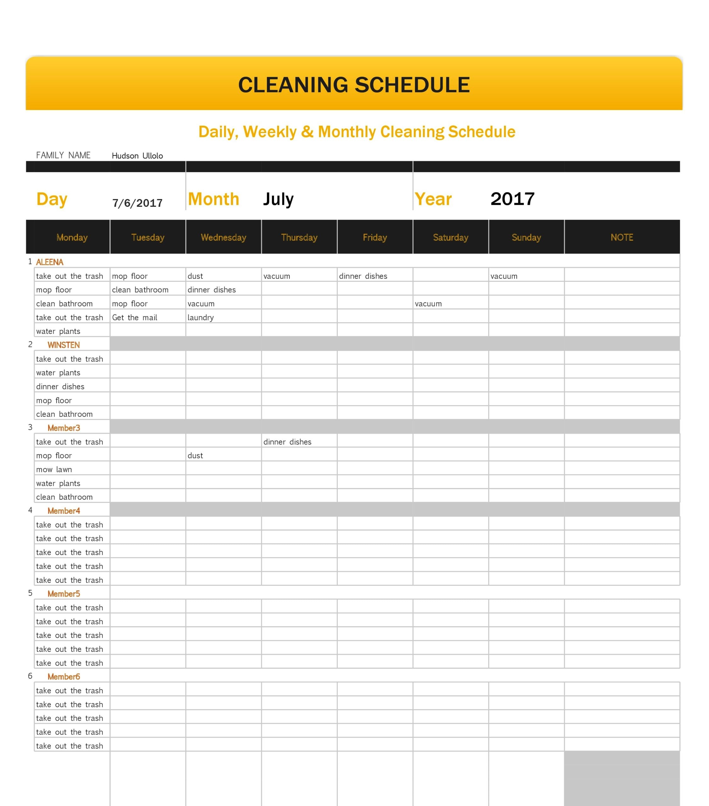 editable daily cleaning schedule template