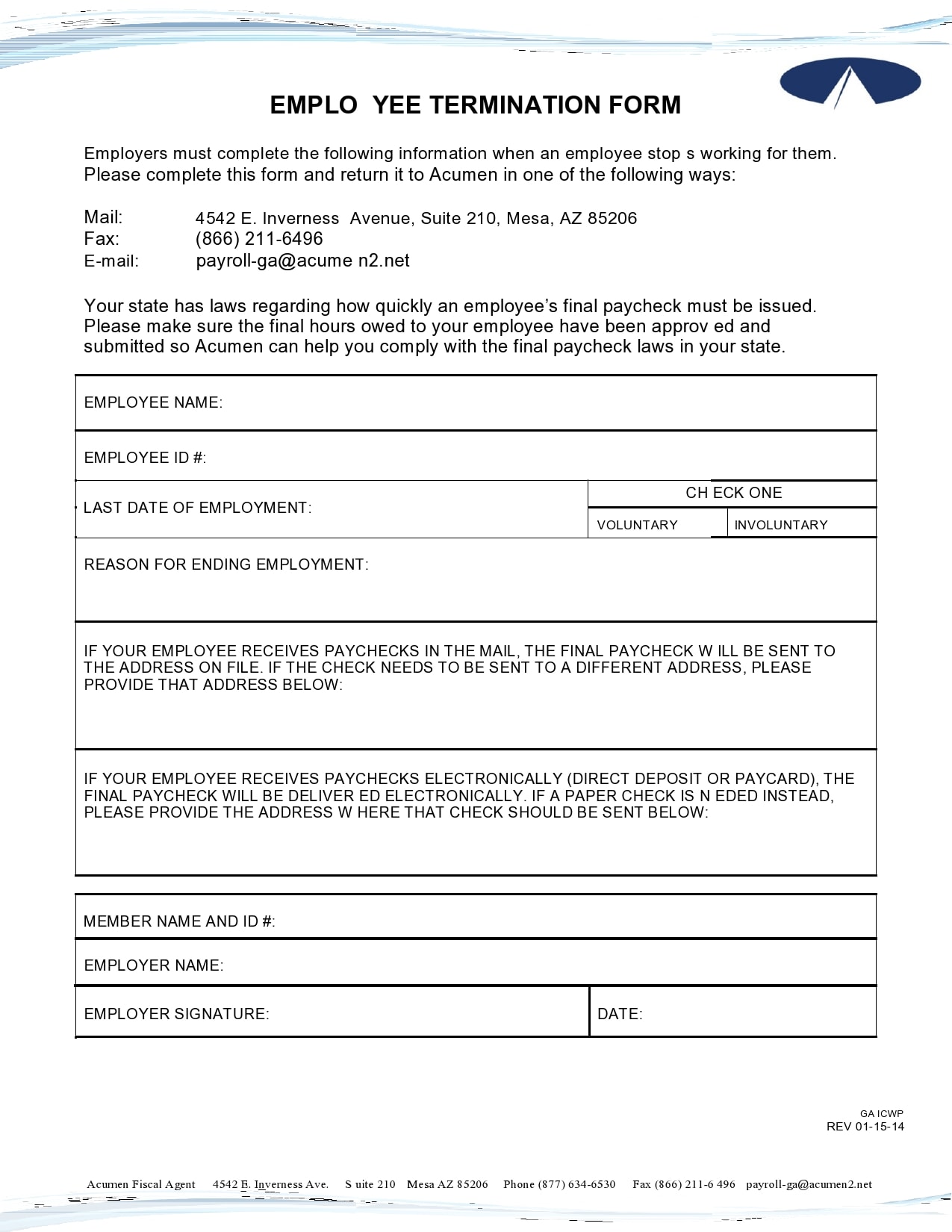 Sample Employee Termination Form