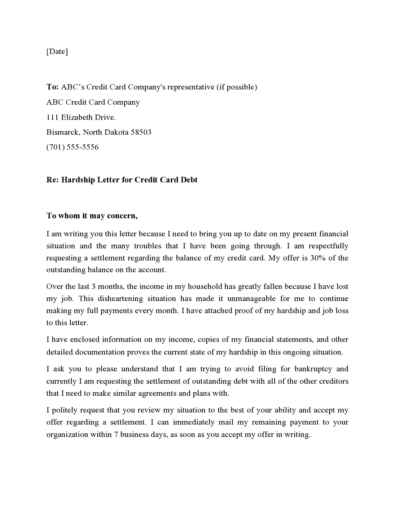 Printable Financial Hardship Letter