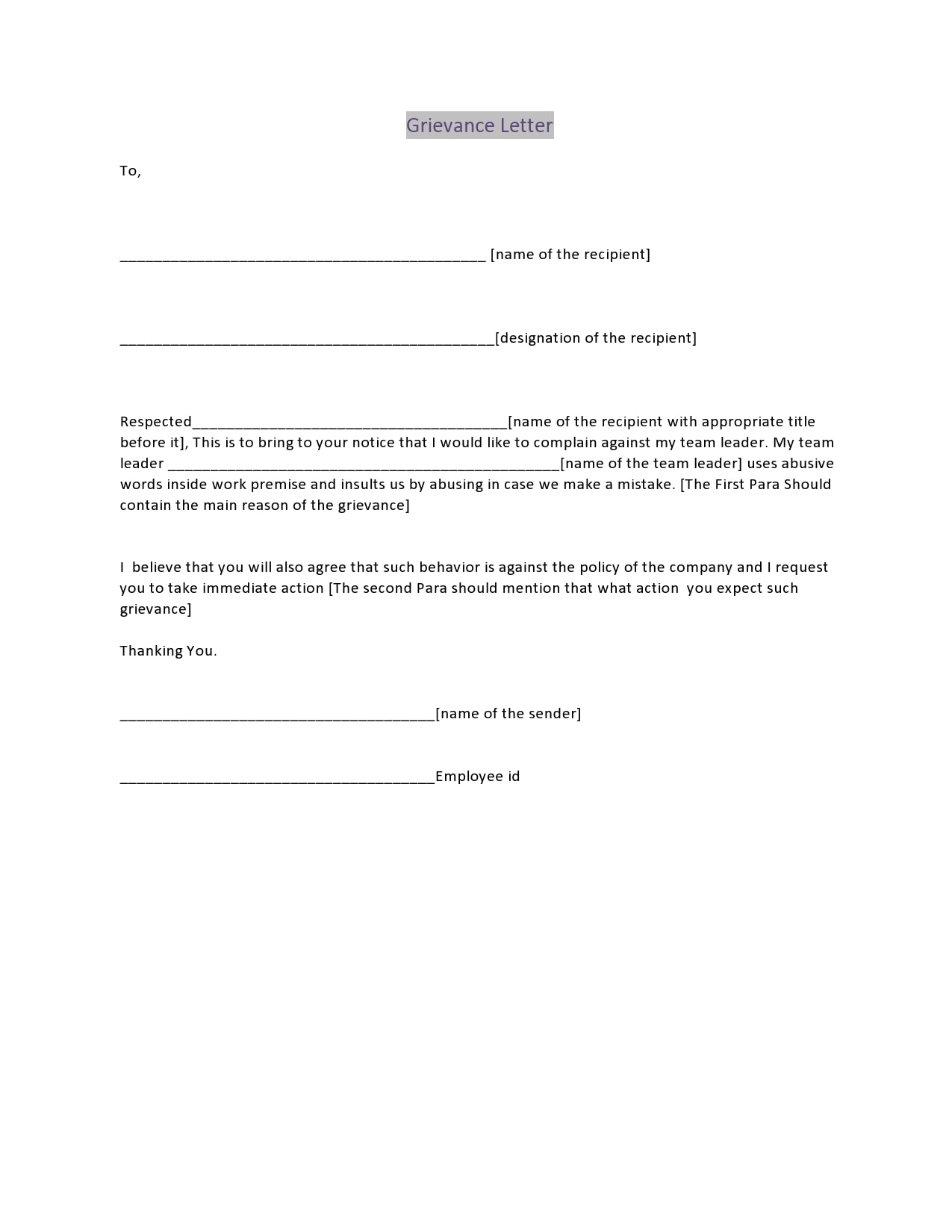20 Formal Grievance Letter Templates (+Examples) Regarding Formal Letter Of Complaint To Employer Template